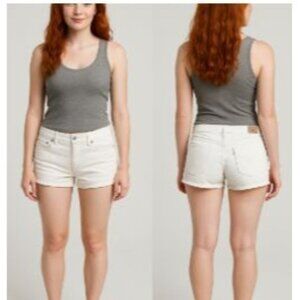 Levis  Size 13 Logo White Short Stretch Denim Shorts 5-Pocket Belt Loop